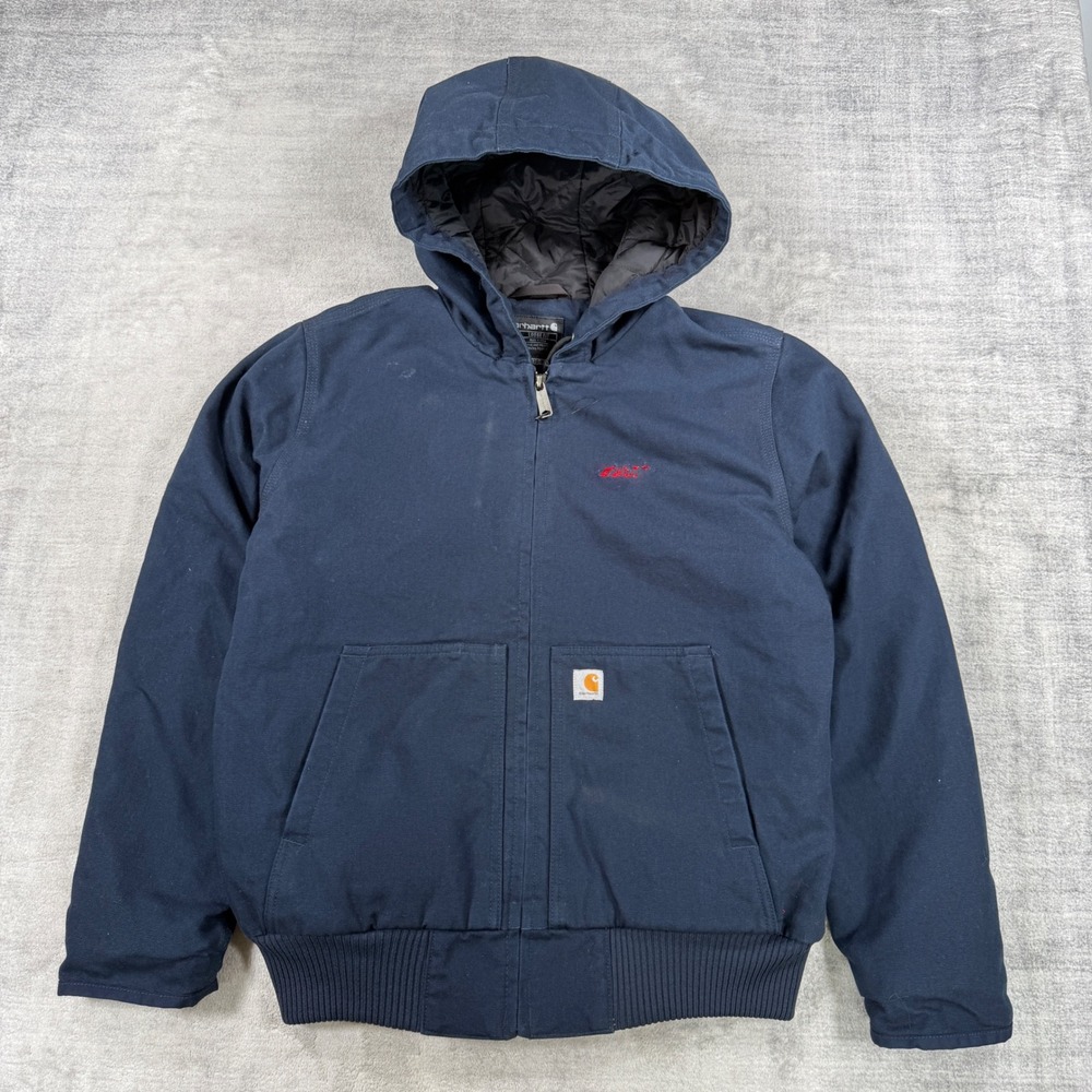 Carhartt Jacket Youth Large 12 Navy Blue J130 Active Quilted Hooded Workwear